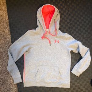 Grey Under Armour hoodie with neon coral accents